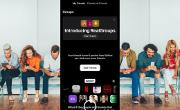 BeReal introduces influencer feature in bid to boost engagement. Group of people sit on bench looking at phone with screenshot of BeReal app in front.