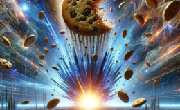 A whimsical AI-generated image of a cookie apocalypse. Edible cookies explode over a circuit board. The image represents the upcoming end of third-party cookies in Google Chrome