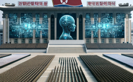 An AI generated image of a large parade square with hundreds of soldiers marching under a North Korea flag while a holographic head, meant to represent, AI, is above