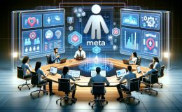 Virtual roundtable discussion featuring Meta's logo, researchers, and digital avatars focused on child safety online, with computers and data graphs in a digital world setting.
