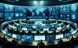 Image of a digital cybersecurity operations center, equipped with multiple screens displaying network data and maps, symbolizing the FBI's active monitoring against Chinese hacking threats.