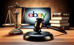 Image of a gavel and scale of justice on a wooden desk, with a blurred eBay logo in the background, representing eBay's legal settlement over pill press sales.