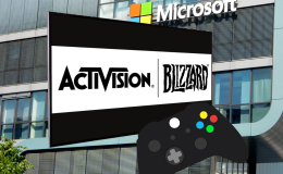 Microsoft's $2bn Xbox revenue surge after Activision Blizzard acquisition. Activision Blizzard logo on TV against an Xbox controller and in front of the Microsoft building.