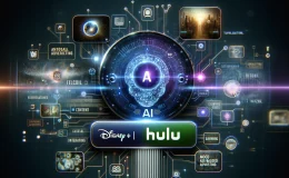 Futuristic AI interface analyzing Disney+ and Hulu content, with digital connections for mood-based advertising, showcasing advanced AI in streaming.